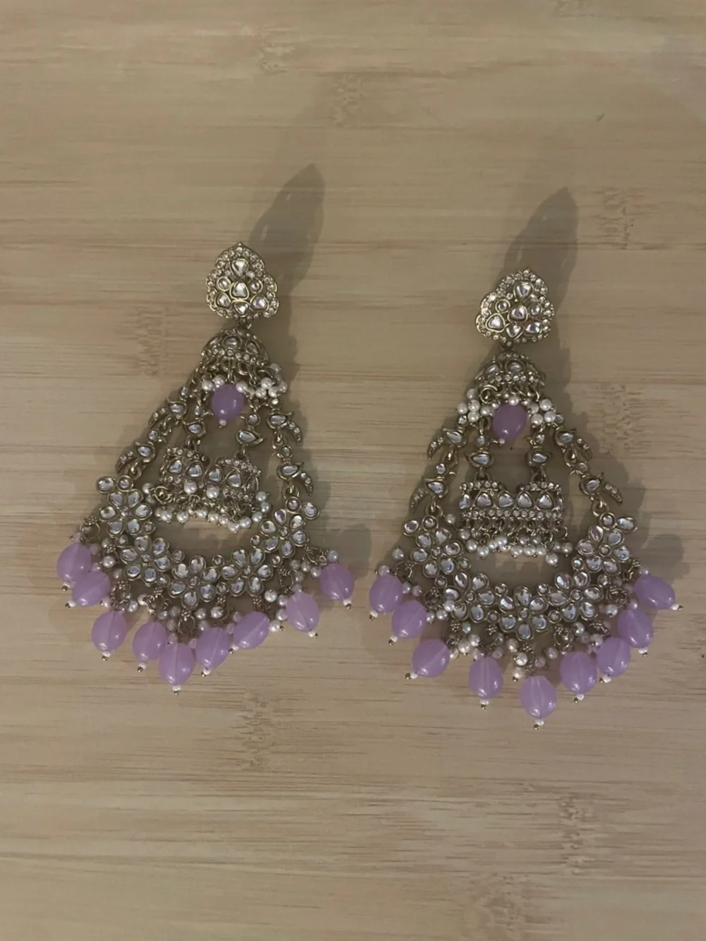 Golden Floral purple & pearl Chandbali Earrings - Picture 1 of 4
